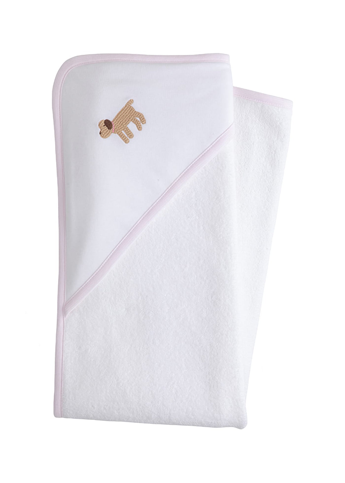 Little English white terry cloth baby towel, hooded towel with embroidered lab and light pink trim