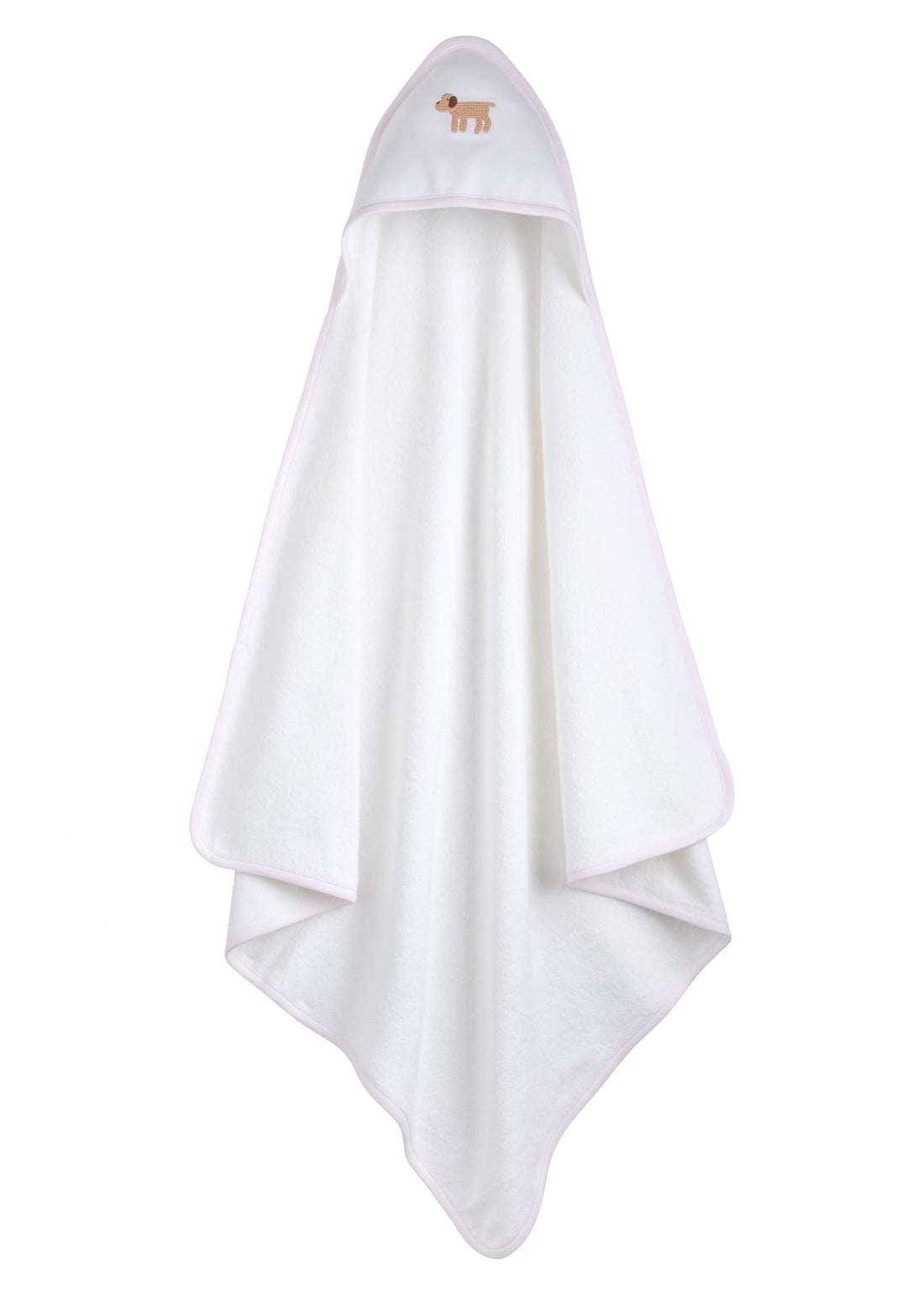 Little English white terry cloth baby towel, hooded towel with embroidered lab and light pink trim
