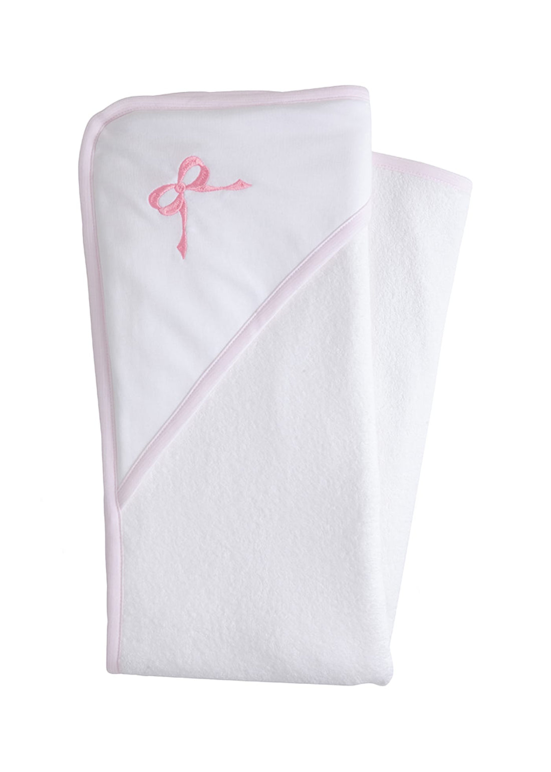 Little English white terry cloth baby towel, hooded towel with embroidered pink bow and light pink trim