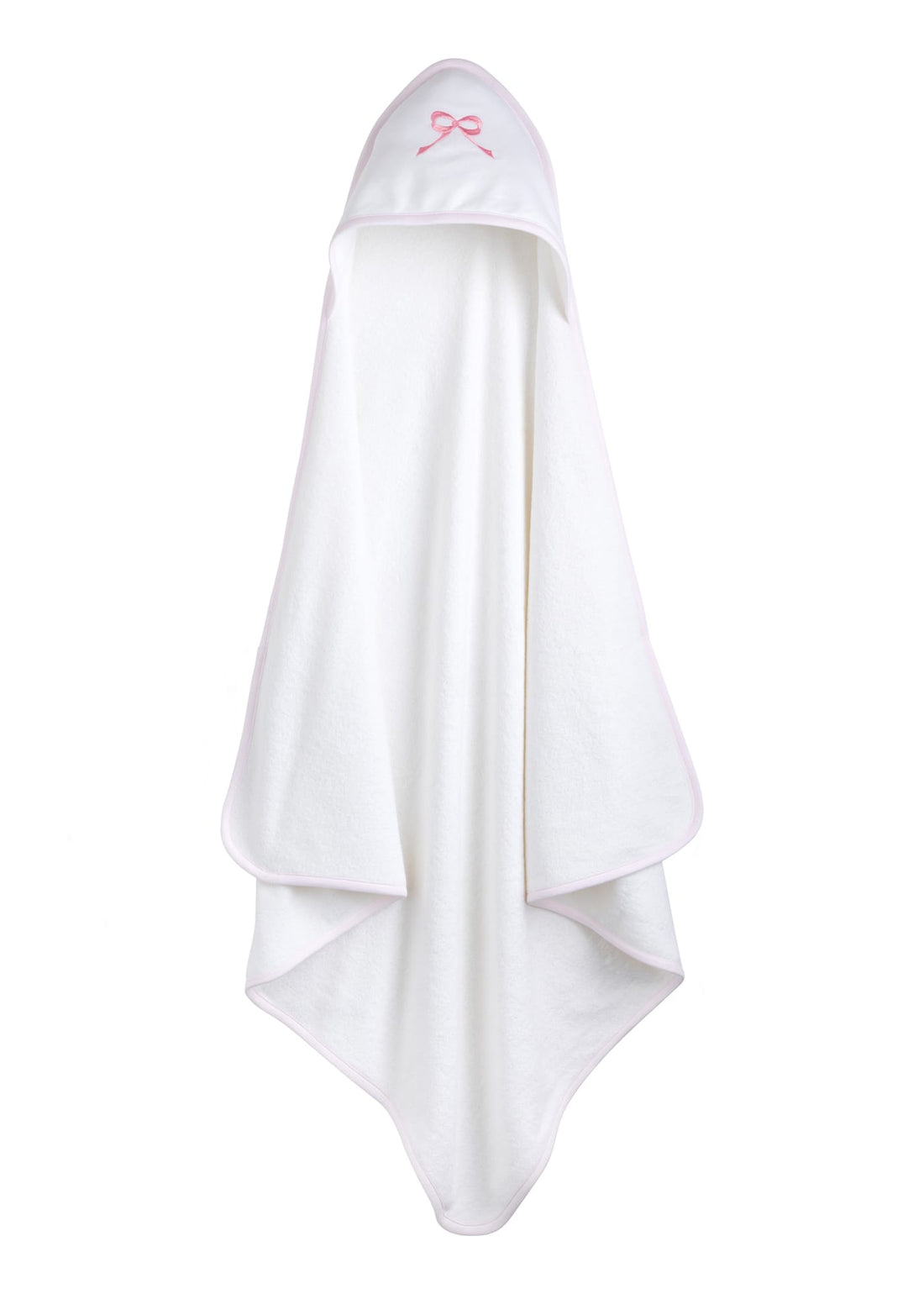 Little English white terry cloth baby towel, hooded towel with embroidered pink bow and light pink trim