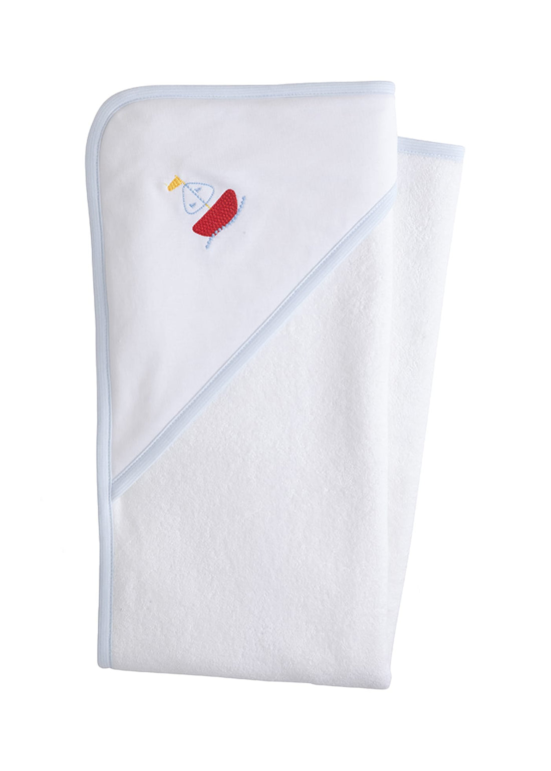 Little English white terry cloth baby towel, hooded towel with embroidered red sailboat and light blue trim