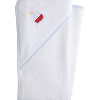 Little English white terry cloth baby towel, hooded towel with embroidered red sailboat and light blue trim