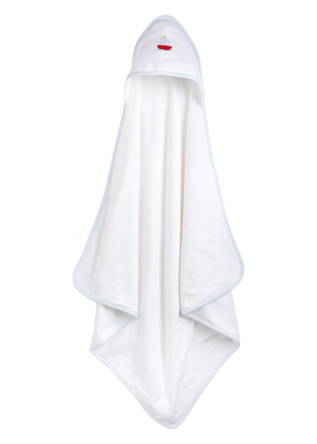 Little English white terry cloth baby towel, hooded towel with embroidered red sailboat and light blue trim