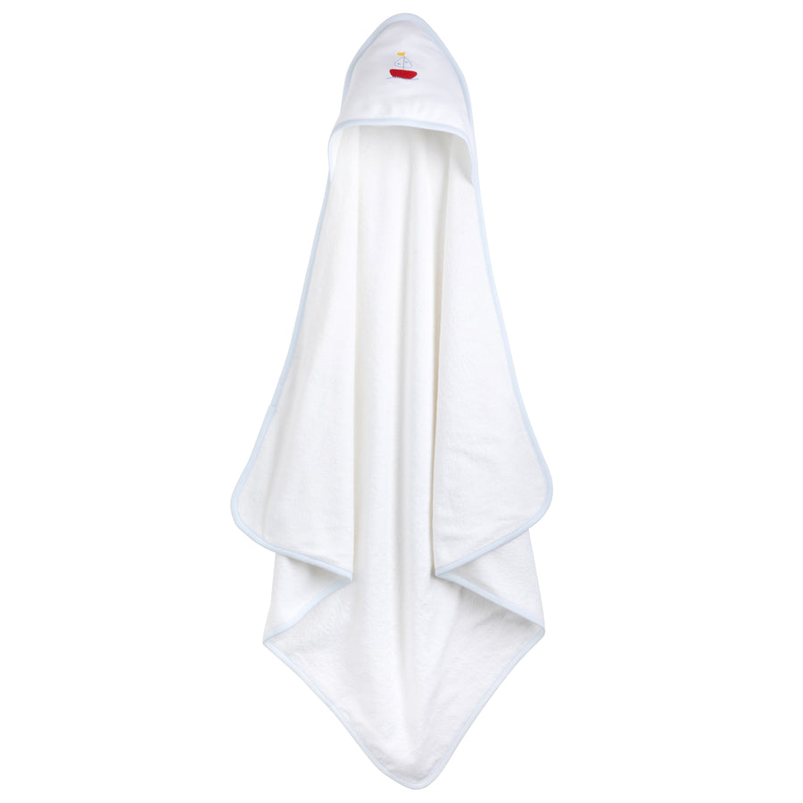 Little English terry cloth baby towel, hooded towel with embroidered sailboat