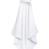 Little English white terry cloth baby towel, hooded towel with embroidered red sailboat and light blue trim