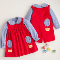 Little English girl's red corduroy madison jumper set with hot air balloon applique