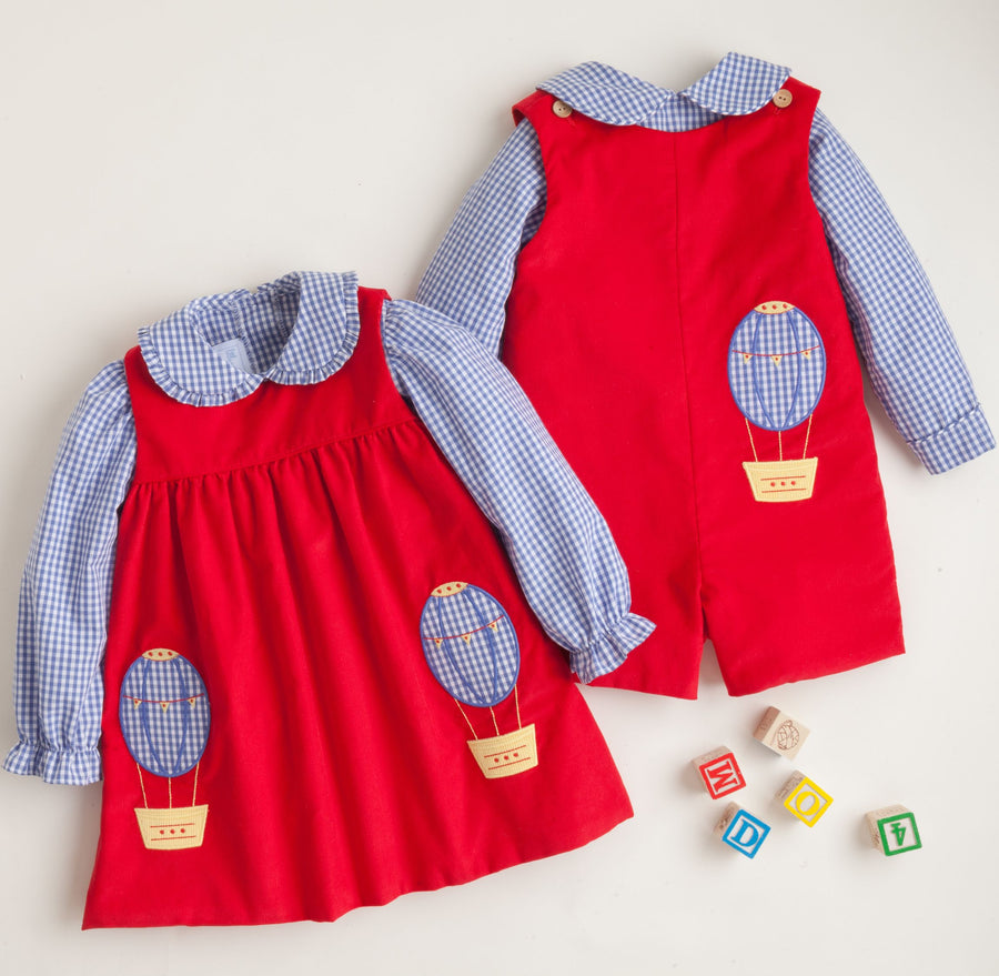 Little English girl's red corduroy madison jumper set with hot air balloon applique