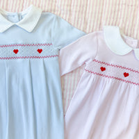 Little English baby footies with red heart smocking