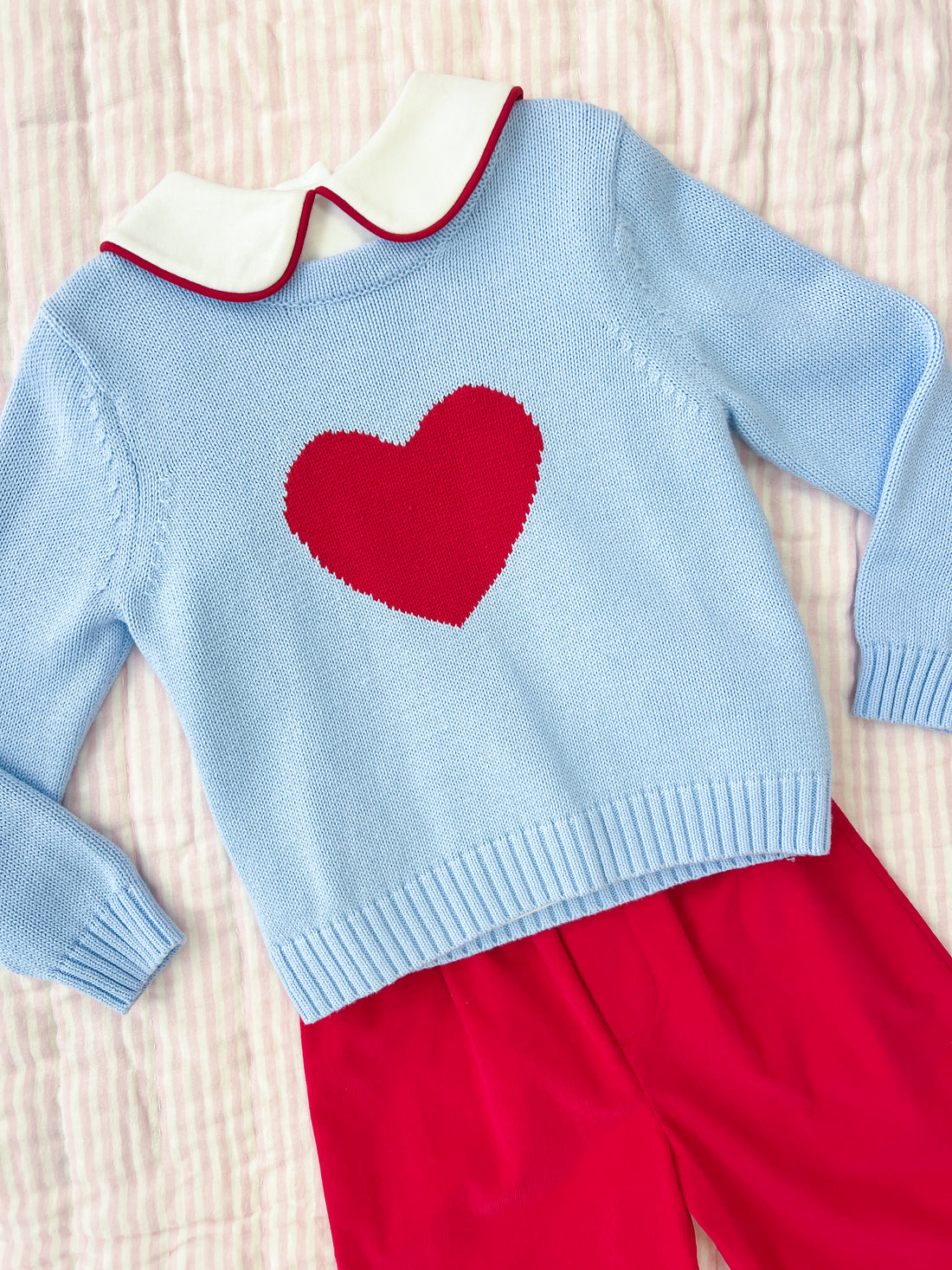 Little English light blue intarsia sweater with red heart for Valentine&
