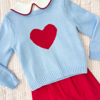 Little English light blue intarsia sweater with red heart for Valentine's Day