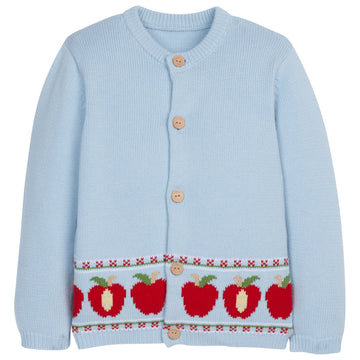 little english classic childrens clothing unisex light blue knit cardigan with apple motif and wooden buttons