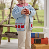 Little English classic toddler unisex light blue knit cardigan with apple pattern on bottom