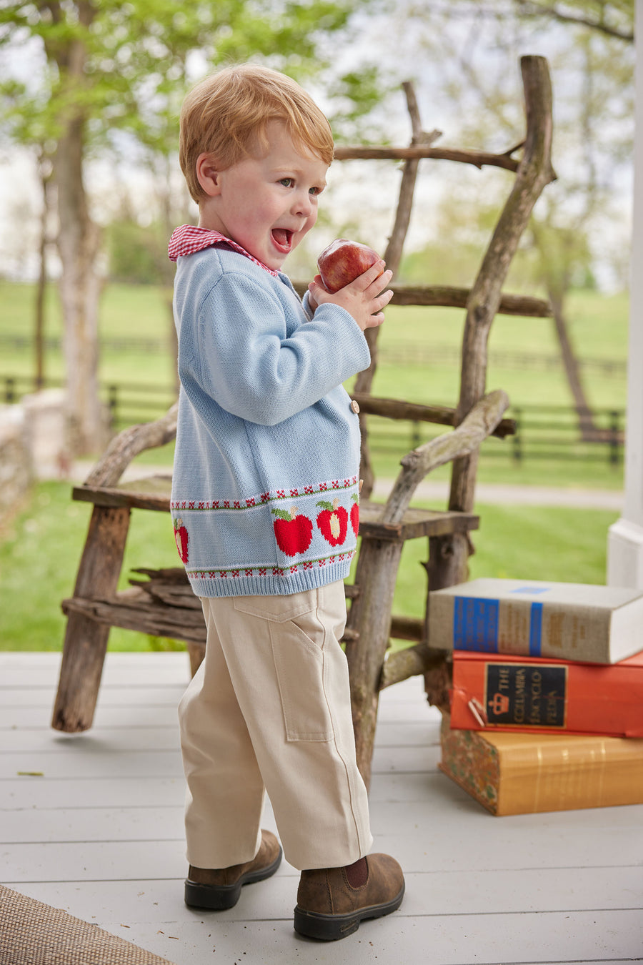 Little English classic toddler unisex light blue knit cardigan with apple pattern on bottom