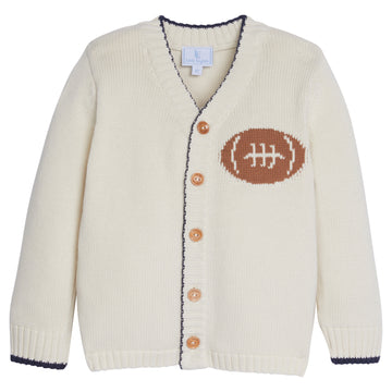Little English cream cardigan with intarsia football, fall sweater for boys