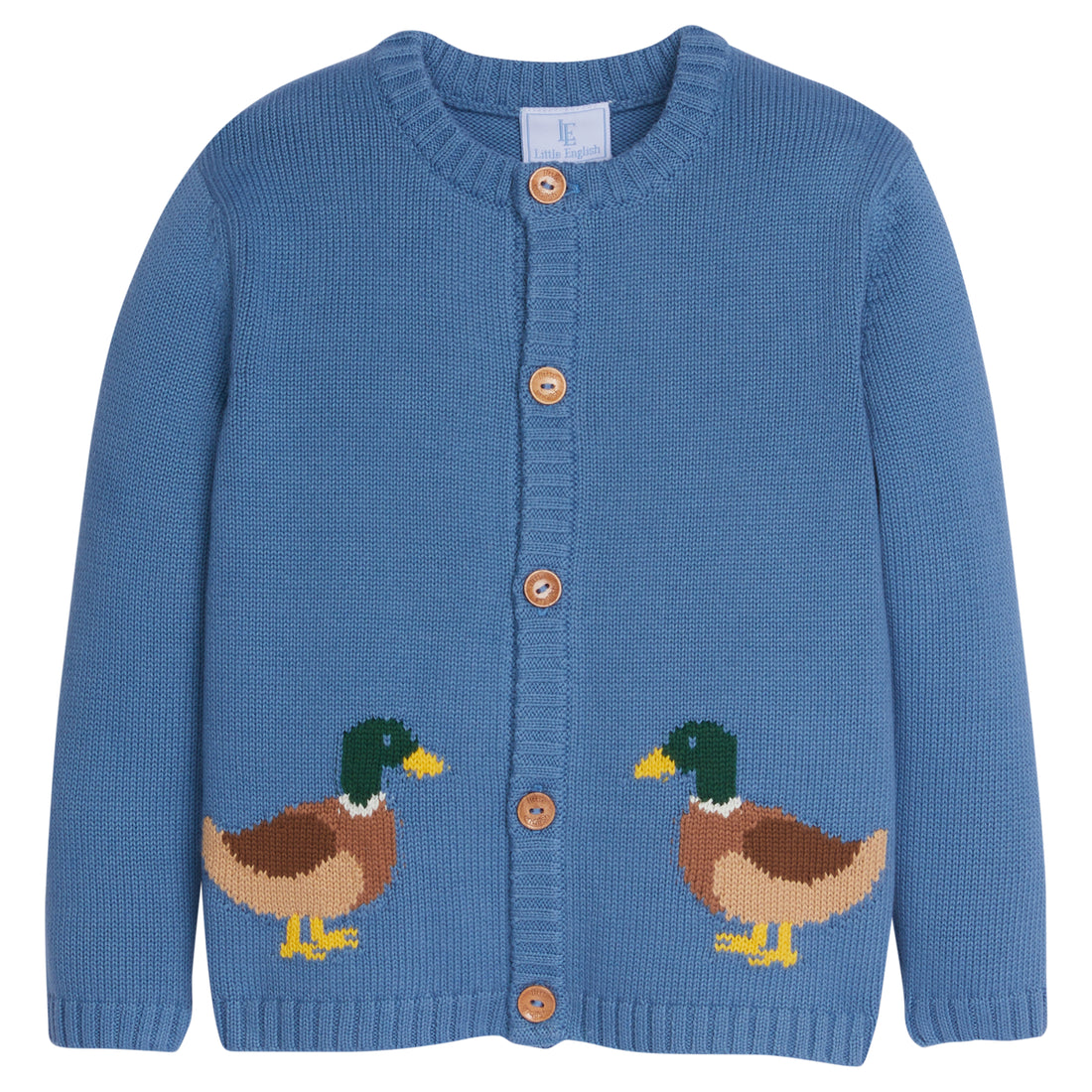 Little English blue cardigan for fall with intarsia mallard, traditional wooden button cardigan