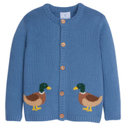 Little English blue cardigan for fall with intarsia mallard, traditional wooden button cardigan