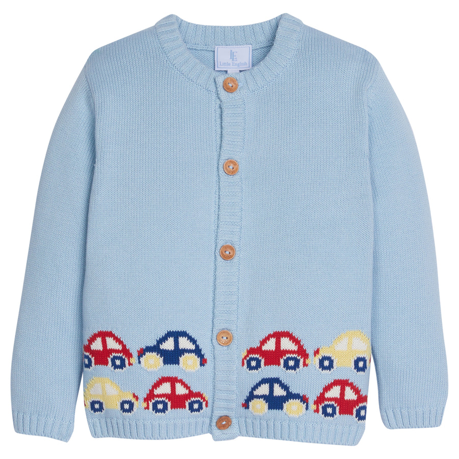 Little English classic fall cardigan with multicolored stacked cars, light blue boy's traditional fall sweater