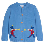 Little English classic little boy's fall clothing, blue intarsia sweater with trumpeting soldiers