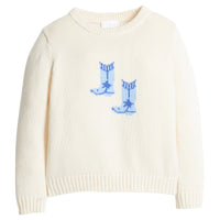 little english classic children's clothing cream sweater with blue cowboy boot motif for boys