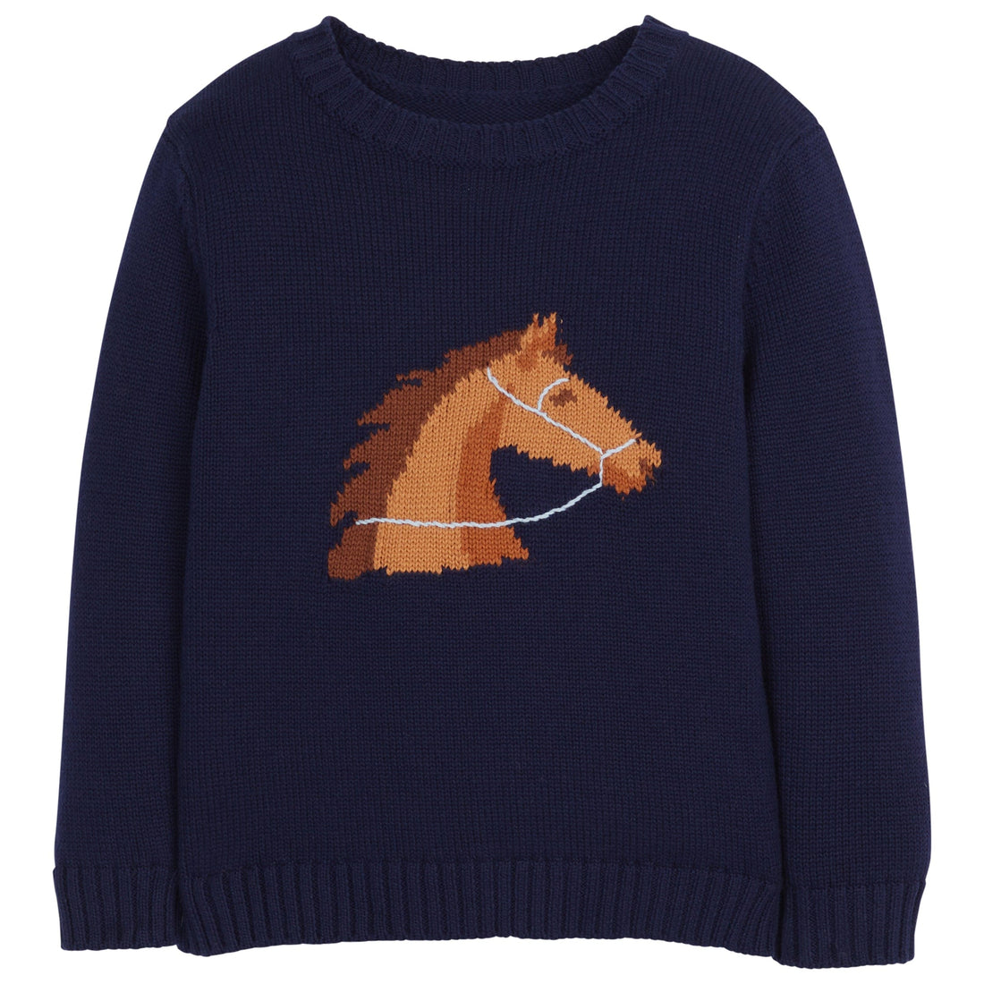 Little English classic childrens clothing boys navy knit intarsia sweater with horse motif