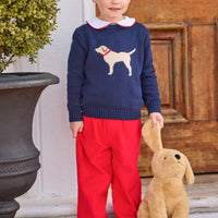 little english classic children's clothing boys navy sweater with cream lab motif, red piped peter pan shirt, and red banded corduroy pant for fall 