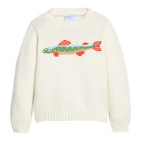 Little English traditional children's clothing.  Boys cream crew neck sweater with fish motif 