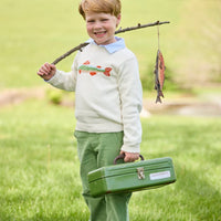 Little English traditional children's clothing.  Boys cream crew neck sweater with fish motif layered over light blue striped polo and paired with watercress green corduroy pants.