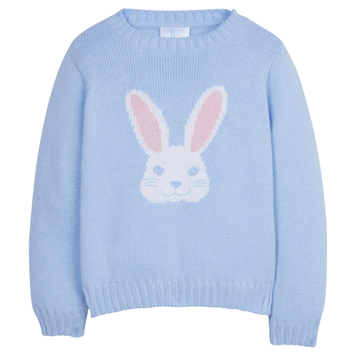 Little English classic intarsia sweater, light blue with white bunny with pink ears, traditional children's clothing