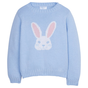 Little English classic intarsia sweater, light blue with white bunny with pink ears, traditional children's clothing
