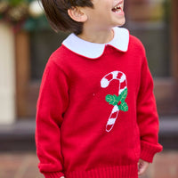 Little English traditional children's clothing. Red Intarsia Sweater with candy cane motif for boys and girls layered over red piped white knit peter pan shirt and khaki pebble twill banded pants.