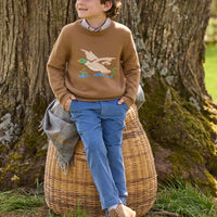 Little English traditional children's clothing. Chestnut brown Intarsia Sweater with flying mallard motif for boys layered over khaki gingham button down shirt and stormy blue corduroy classic pants. 
