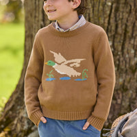 Little English traditional children's clothing. Chestnut brown Intarsia Sweater with flying mallard motif for boys layered over khaki gingham button down shirt and stormy blue corduroy classic pants. 