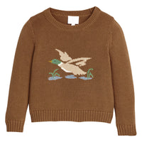 Little English traditional children's clothing. Chestnut brown Intarsia Sweater with flying mallard motif for boys