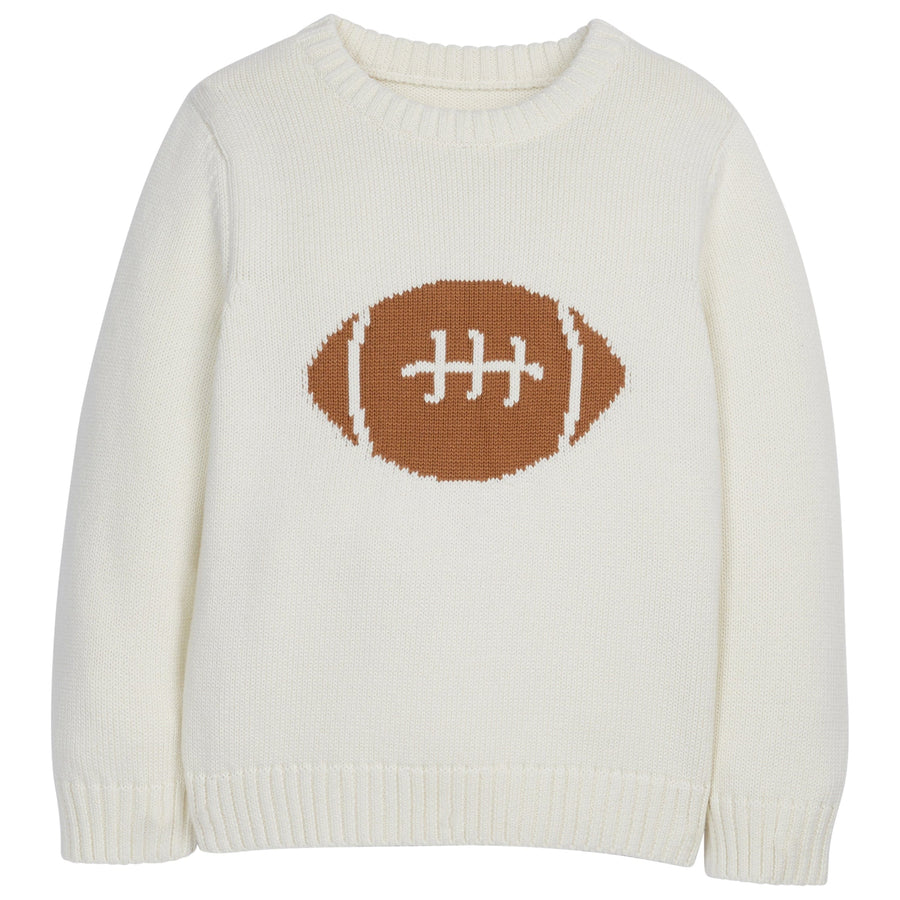 Little English classic childrens clothing toddler boys cream knit sweater with football motif on chest