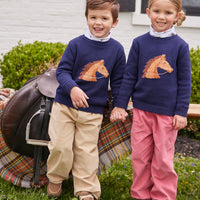 Little English classic childrens clothing boys navy knit intarsia sweater with horse motif