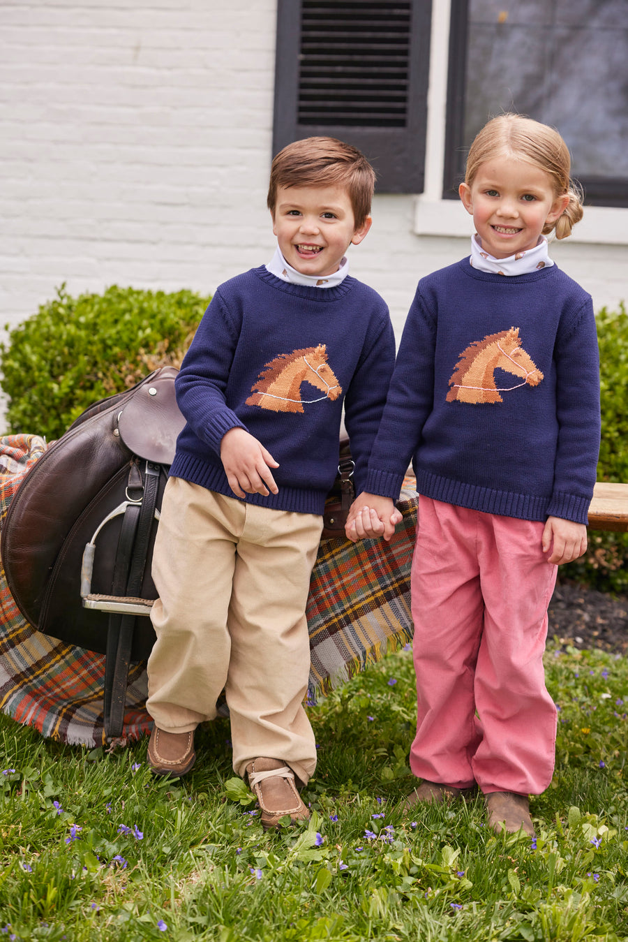 Little English classic childrens clothing boys navy knit intarsia sweater with horse motif
