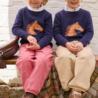 Little English classic childrens clothing girls navy knit intarsia sweater with horse motif