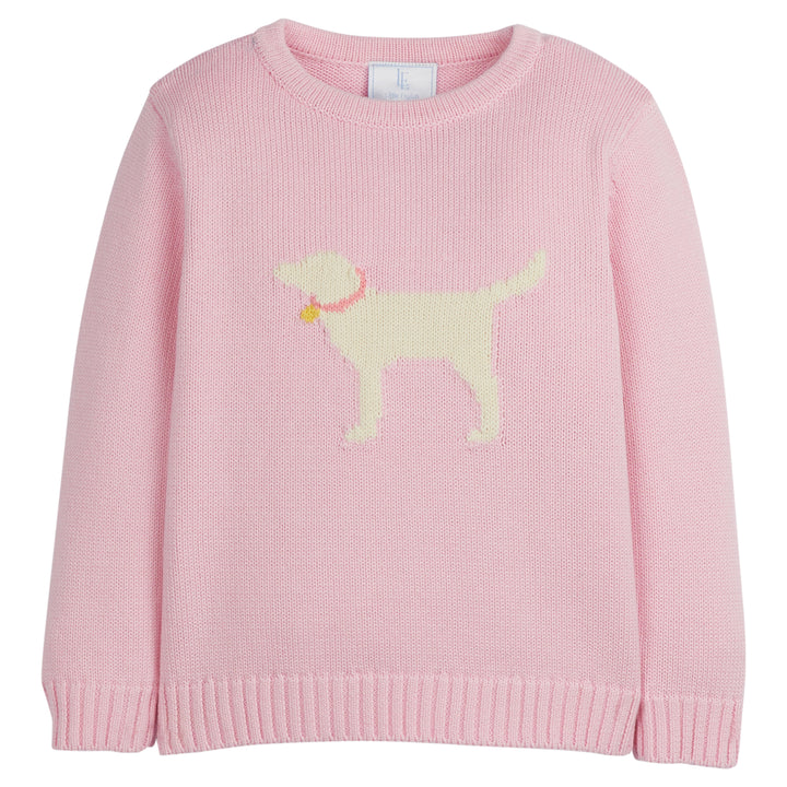 Little English classic girl's intarsia sweater with lab motif, light pink girl's sweater