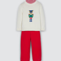 Little English boy's outfit for the holidays, red striped long sleeve turtleneck with nutcracker sweater and red corduroy pants