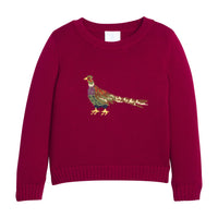 Little English traditional children's clothing. Maroon crew neck Intarsia Sweater with pheasant motif for boys
