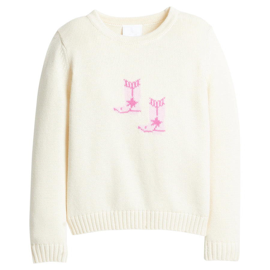 little english classic children's clothing cream sweater with pink cowboy boot motif for girls 