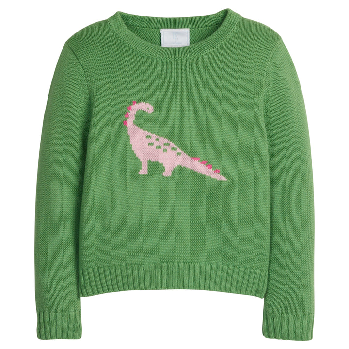 little english classic children's clothing green sweater with pink dinosaur motif for girls 