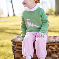 little english classic children's clothing green sweater with pink dinosaur motif, printed turtleneck in pink dinosaur print, banded bow pant in light pink corduroy, for girls 