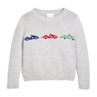 Little English traditional children's clothing. Gray crew neck Intarsia Sweater with race car motif for boys