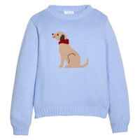 Little English traditional children's clothing. Light blue crew neck Intarsia Sweater with seated lab motif for boys