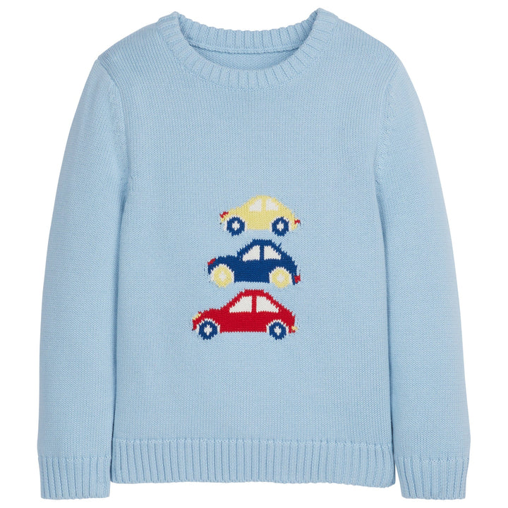Little English classic childrens clothing toddler boy light blue sweater with stack yellow blue and red cars