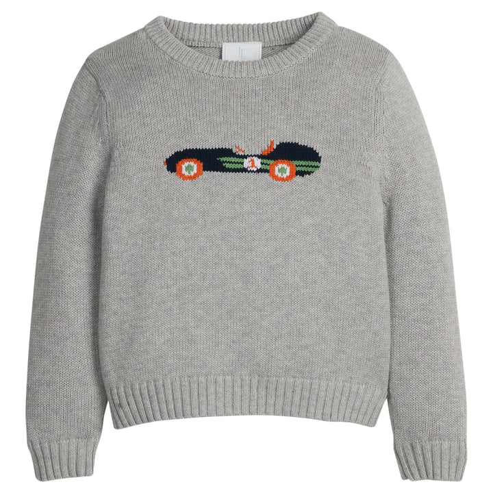 little english classic children's clothing gray sweater with vintage race car motif for boys for fall 