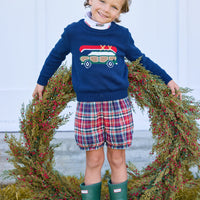 little english classic children's clothing navy sweater with wagoneer motif, printed turtleneck with wagonner print, banded short in middleburg plaid, fall outfit for boys 