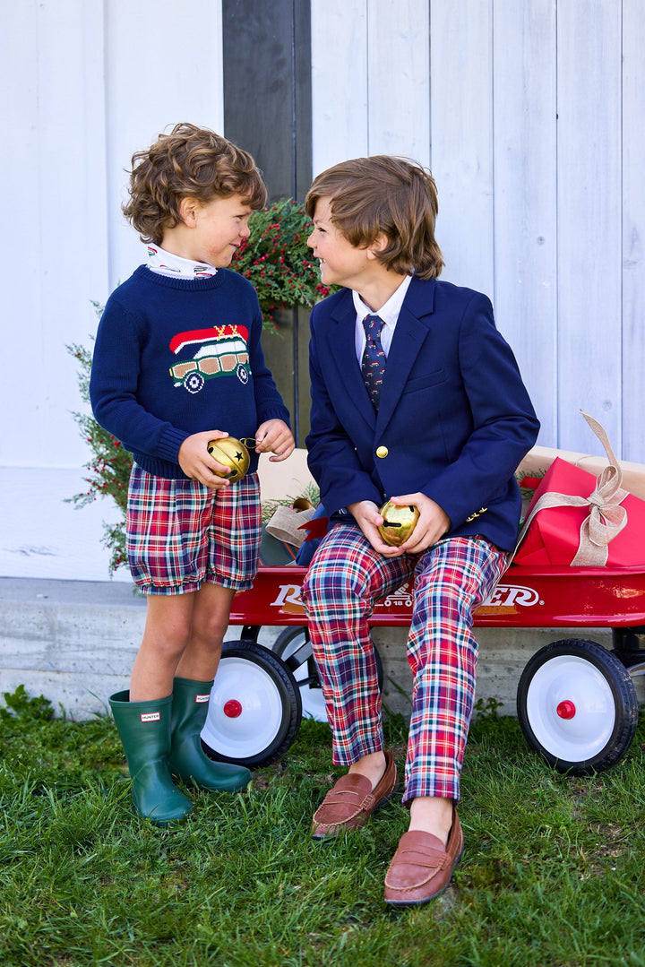 little english classic children's clothing navy sweater with wagoneer motif, printed turtleneck with wagonner print, banded short in middleburg plaid, fall outfit for boys 