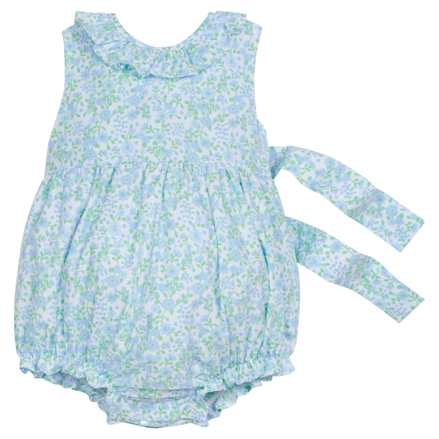 Little English traditional children's clothing, baby girl's classic ruffle collar bubble for Spring in blue and green floral print, Millbrook floral 